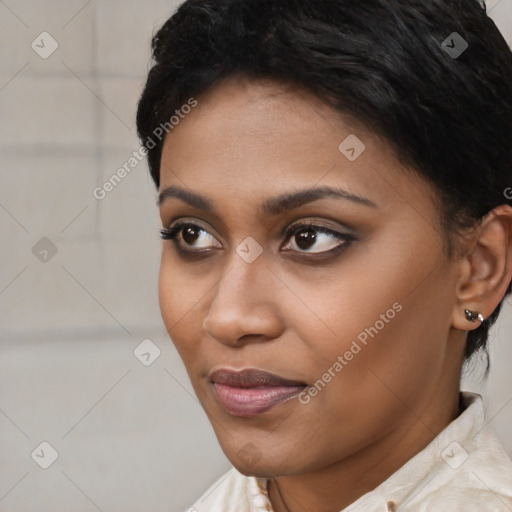 Joyful latino young-adult female with short  black hair and brown eyes