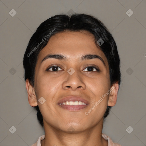 Joyful latino young-adult female with short  brown hair and brown eyes