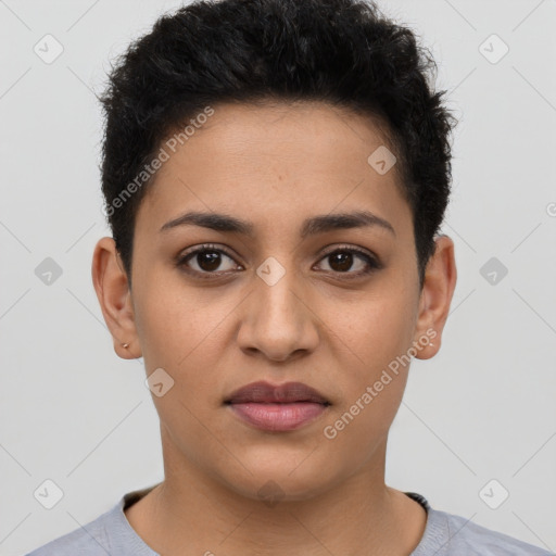 Joyful latino young-adult female with short  brown hair and brown eyes