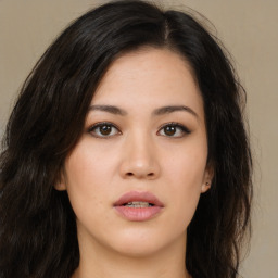 Neutral asian young-adult female with long  brown hair and brown eyes