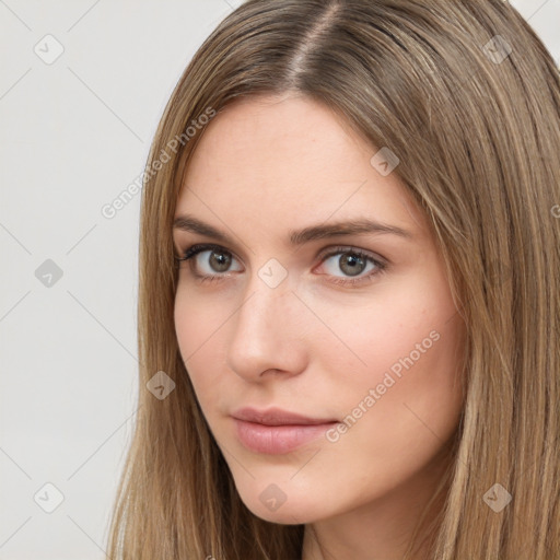 Neutral white young-adult female with long  brown hair and brown eyes