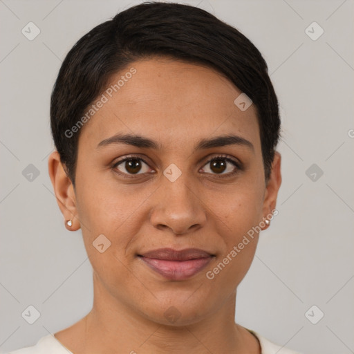 Joyful latino young-adult female with short  brown hair and brown eyes