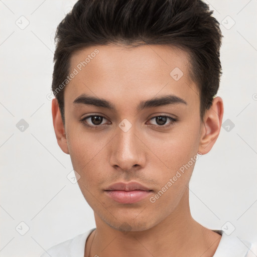 Neutral white young-adult male with short  brown hair and brown eyes