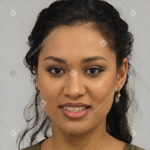 Joyful latino young-adult female with medium  brown hair and brown eyes