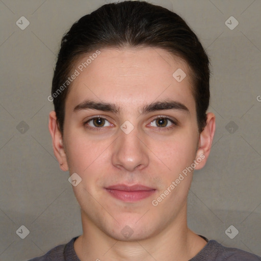 Neutral white young-adult male with short  brown hair and brown eyes