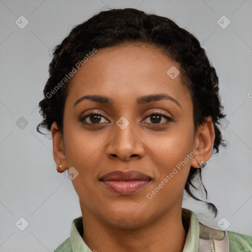 Joyful latino young-adult female with short  black hair and brown eyes