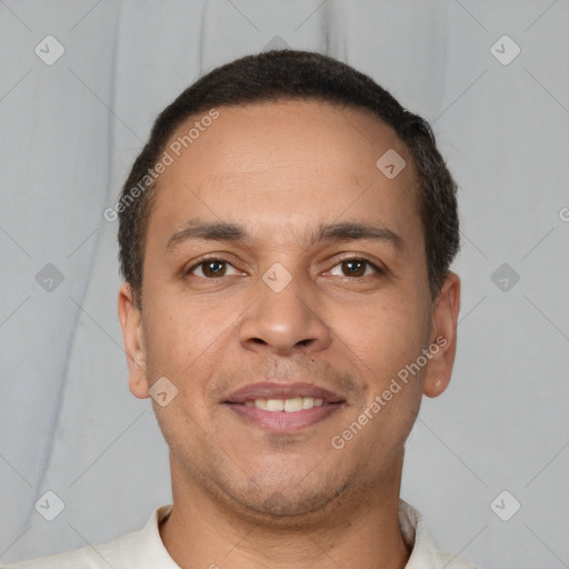 Joyful white adult male with short  brown hair and brown eyes