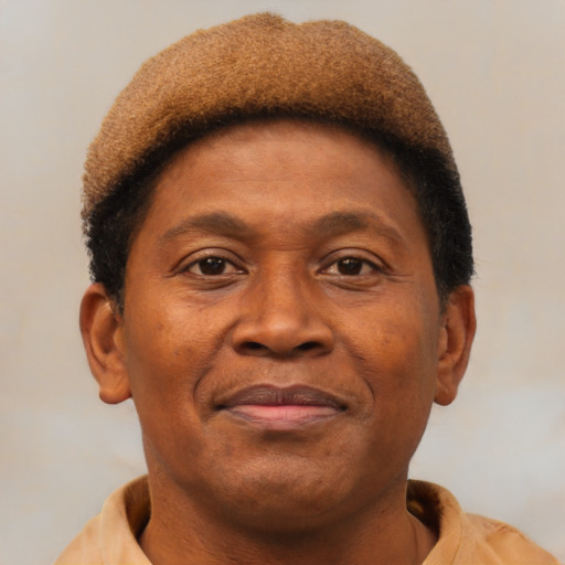 Joyful black adult male with short  brown hair and brown eyes