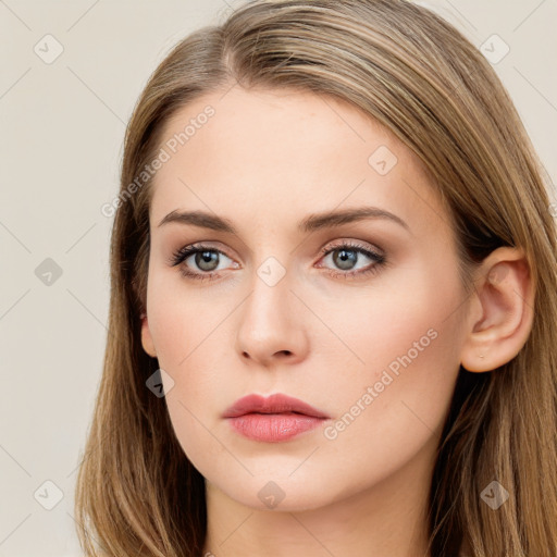 Neutral white young-adult female with long  brown hair and grey eyes