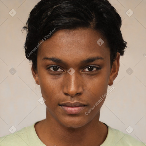 Neutral black young-adult female with short  black hair and brown eyes