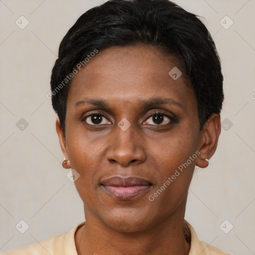 Joyful latino young-adult female with short  brown hair and brown eyes