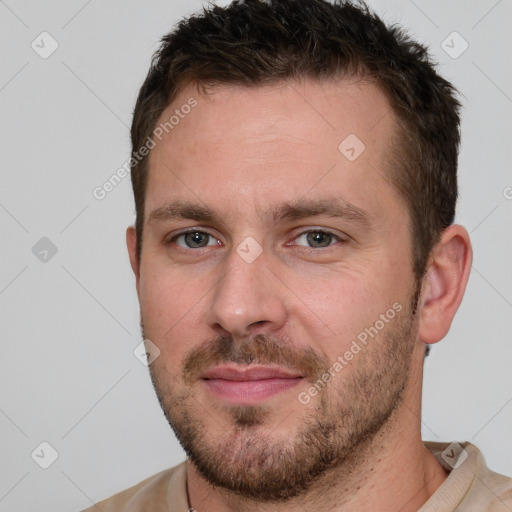 Neutral white young-adult male with short  brown hair and brown eyes