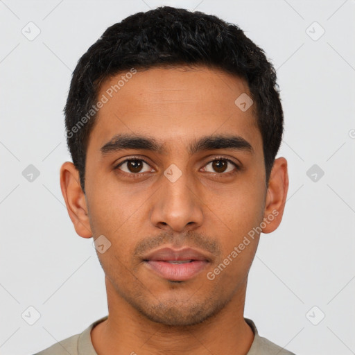 Neutral latino young-adult male with short  black hair and brown eyes