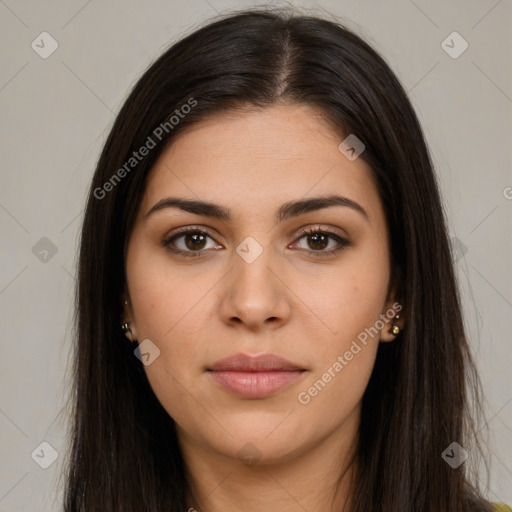 Neutral white young-adult female with long  brown hair and brown eyes