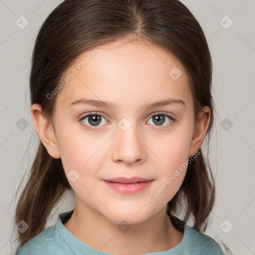 Joyful white child female with medium  brown hair and brown eyes