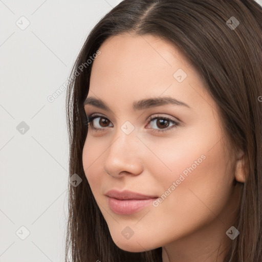 Neutral white young-adult female with long  brown hair and brown eyes