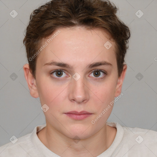 Neutral white young-adult female with short  brown hair and brown eyes