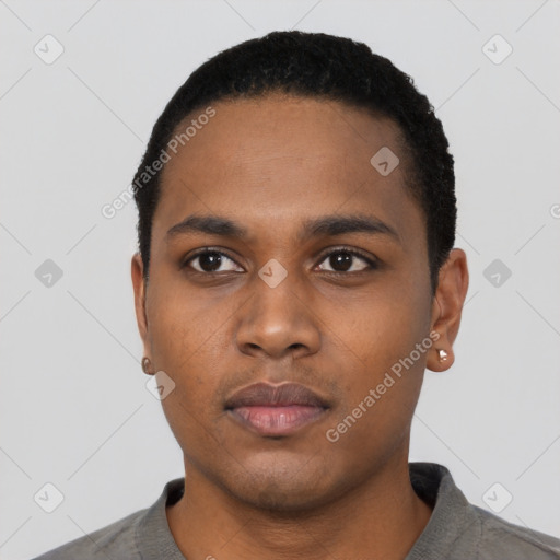Neutral black young-adult male with short  black hair and brown eyes