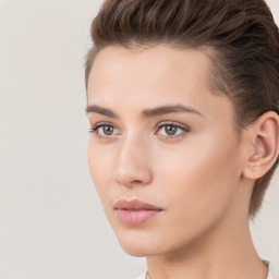 Neutral white young-adult female with short  brown hair and brown eyes