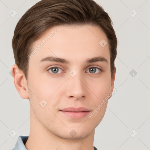 Neutral white young-adult male with short  brown hair and grey eyes