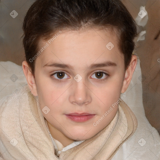 Joyful white child female with short  brown hair and brown eyes