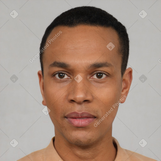 Neutral latino young-adult male with short  black hair and brown eyes