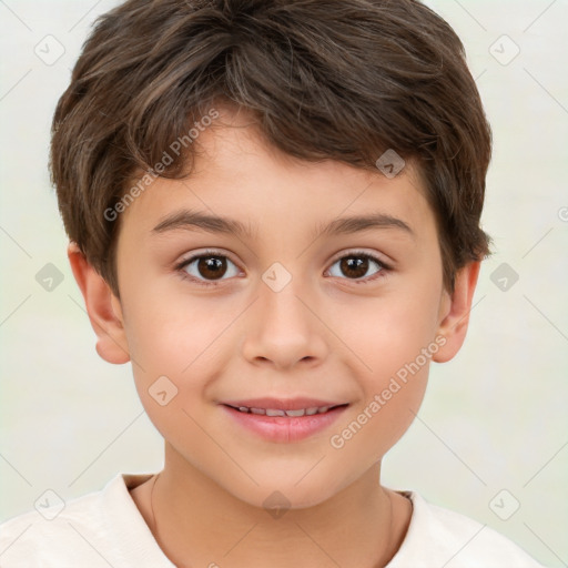 Joyful white child male with short  brown hair and brown eyes