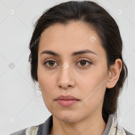 Neutral white young-adult female with medium  brown hair and brown eyes