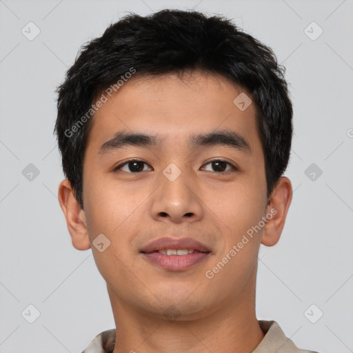 Neutral asian young-adult male with short  black hair and brown eyes