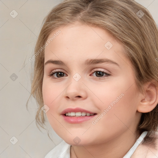 Joyful white child female with medium  brown hair and brown eyes