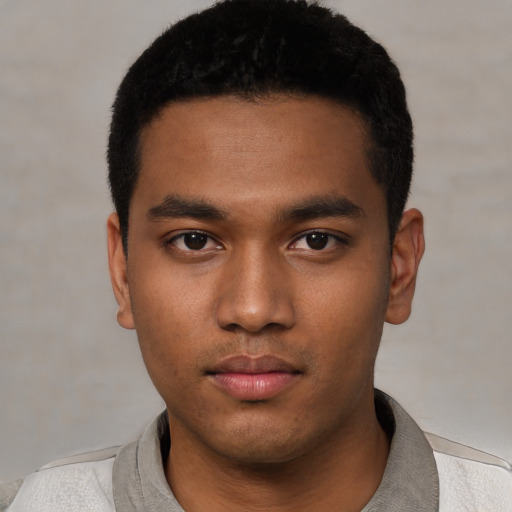 Neutral asian young-adult male with short  black hair and brown eyes