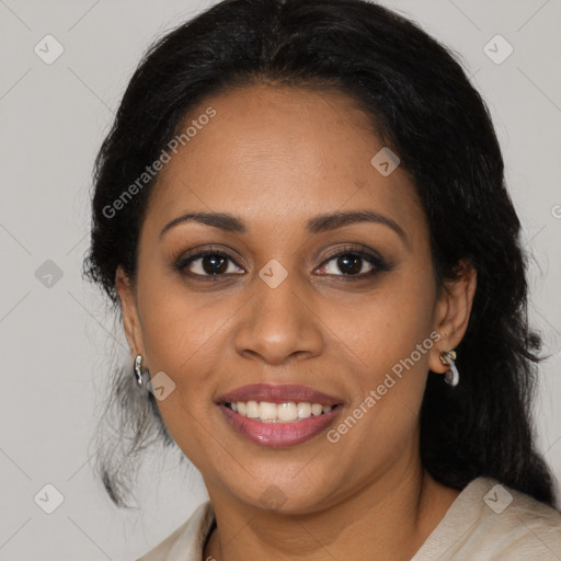 Joyful latino young-adult female with medium  black hair and brown eyes