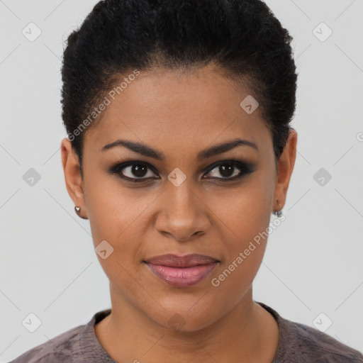 Joyful black young-adult female with short  brown hair and brown eyes