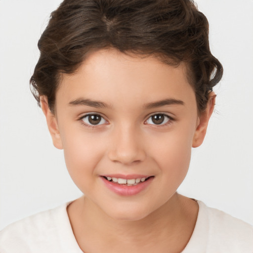 Joyful white child female with short  brown hair and brown eyes