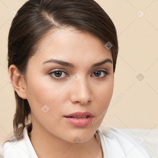 Neutral white young-adult female with medium  brown hair and brown eyes