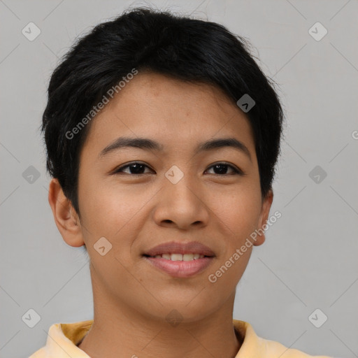 Joyful asian young-adult female with short  brown hair and brown eyes