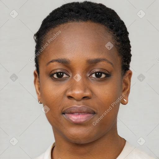 Neutral black young-adult female with short  black hair and brown eyes