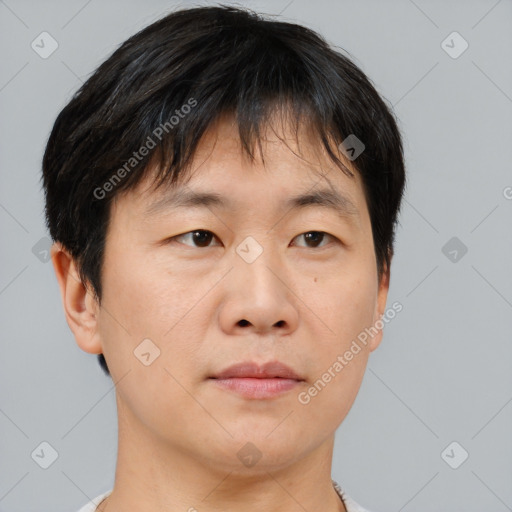 Neutral asian adult male with short  brown hair and brown eyes