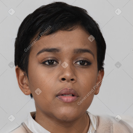 Neutral asian young-adult female with short  brown hair and brown eyes