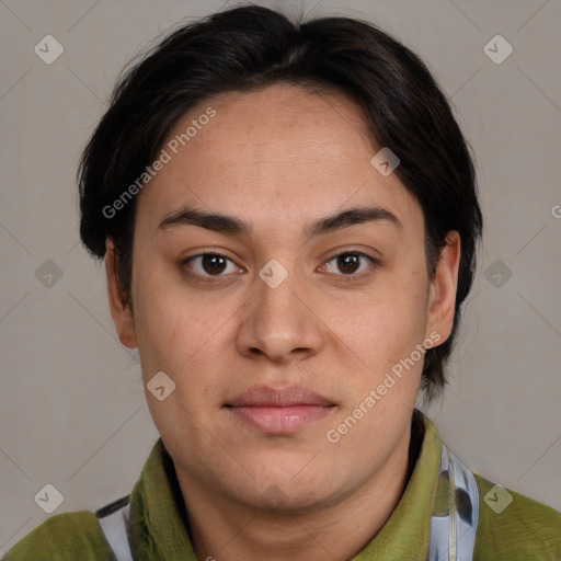 Joyful white young-adult female with medium  brown hair and brown eyes