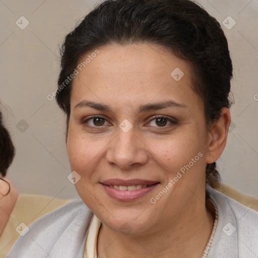 Joyful white adult female with short  brown hair and brown eyes