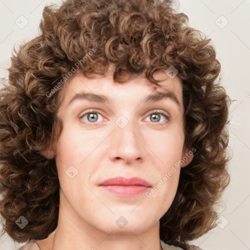 Joyful white young-adult female with medium  brown hair and green eyes