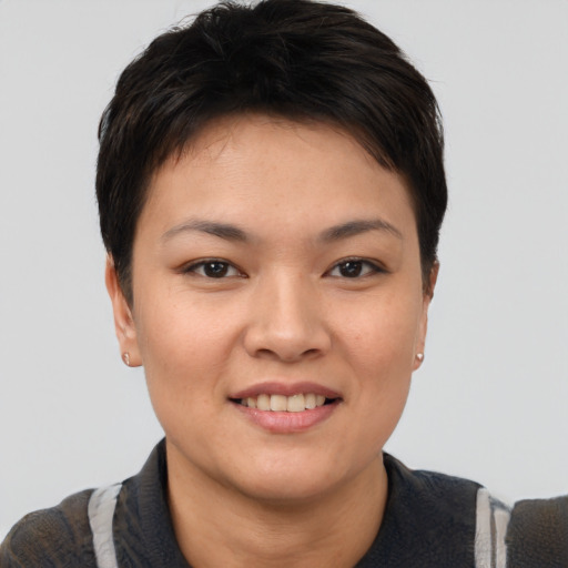 Joyful asian young-adult female with short  brown hair and brown eyes
