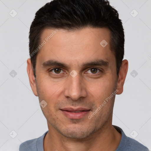 Joyful white young-adult male with short  brown hair and brown eyes