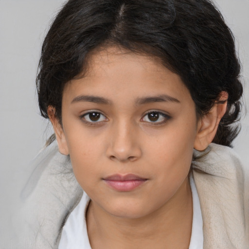 Neutral latino young-adult female with medium  brown hair and brown eyes