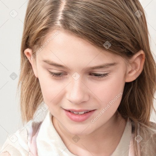 Joyful white child female with long  brown hair and brown eyes