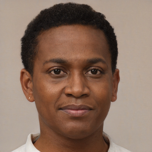 Joyful black young-adult male with short  brown hair and brown eyes