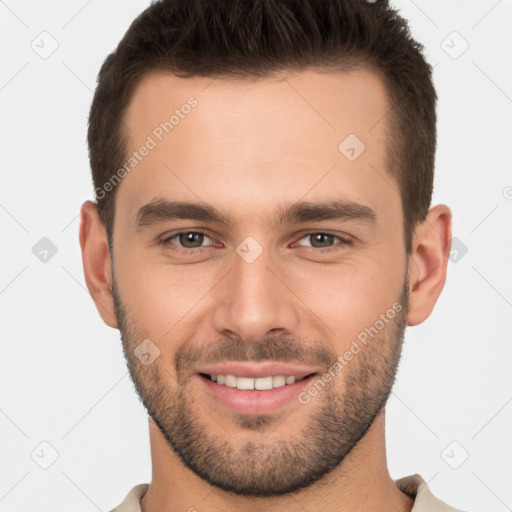 Joyful white young-adult male with short  brown hair and brown eyes