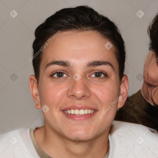 Joyful white young-adult female with short  brown hair and brown eyes