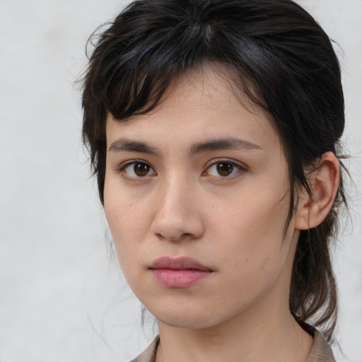 Neutral white young-adult female with medium  brown hair and brown eyes